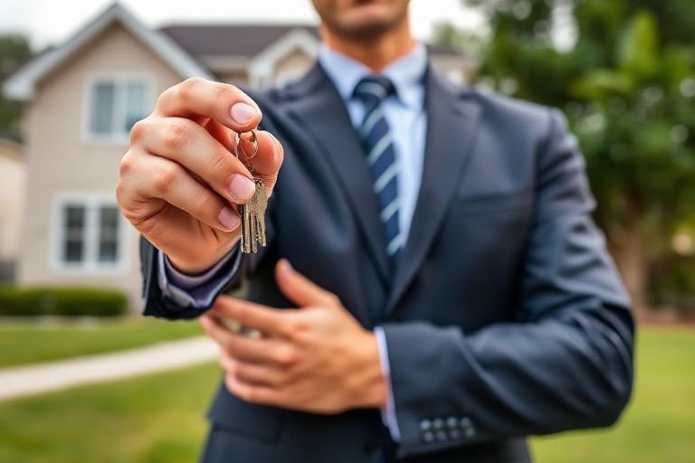 Professional realtor holding house keys in front of sold property