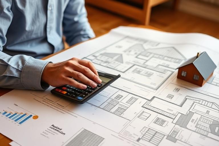 Real estate investor analyzing BRRRR method property renovation blueprints with calculator