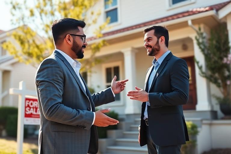 Professional real estate agent and broker discussing property sale outside home
