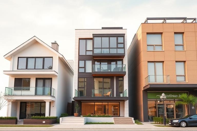 Three types of real estate properties including residential home, condo building, and commercial property