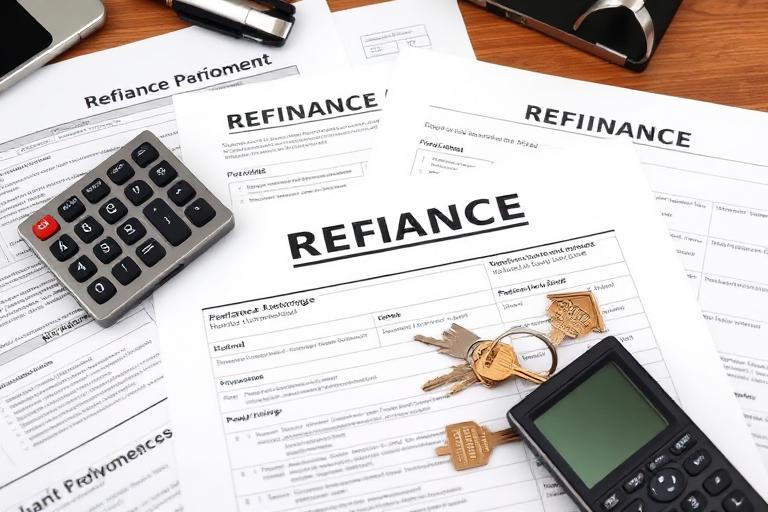 Mortgage refinance documents and calculator comparing different refinance options